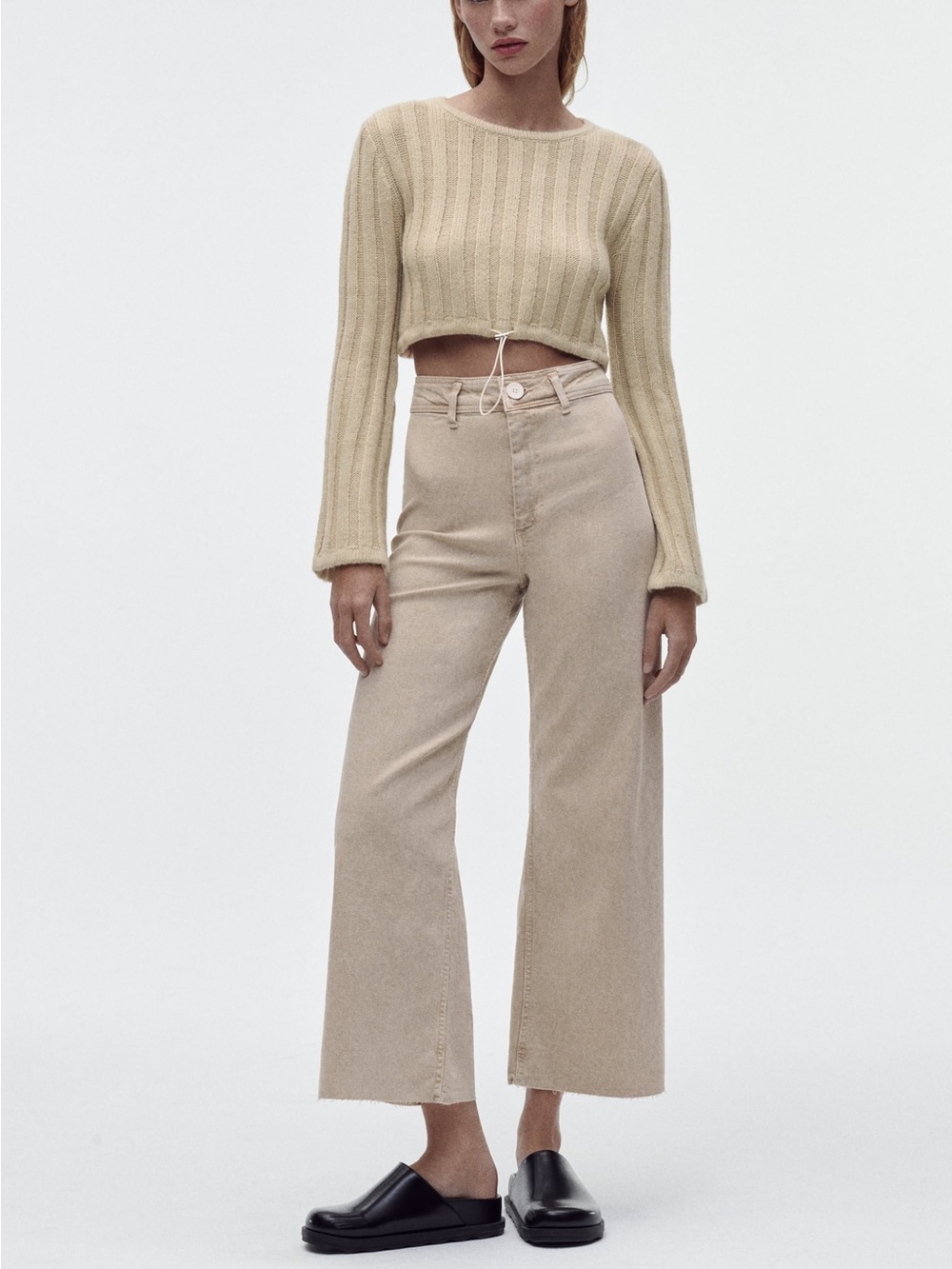 Zara The Marine Straight High Rise Crop Pants Khaki Tan Size 6 / EUR 38 Raw Hem